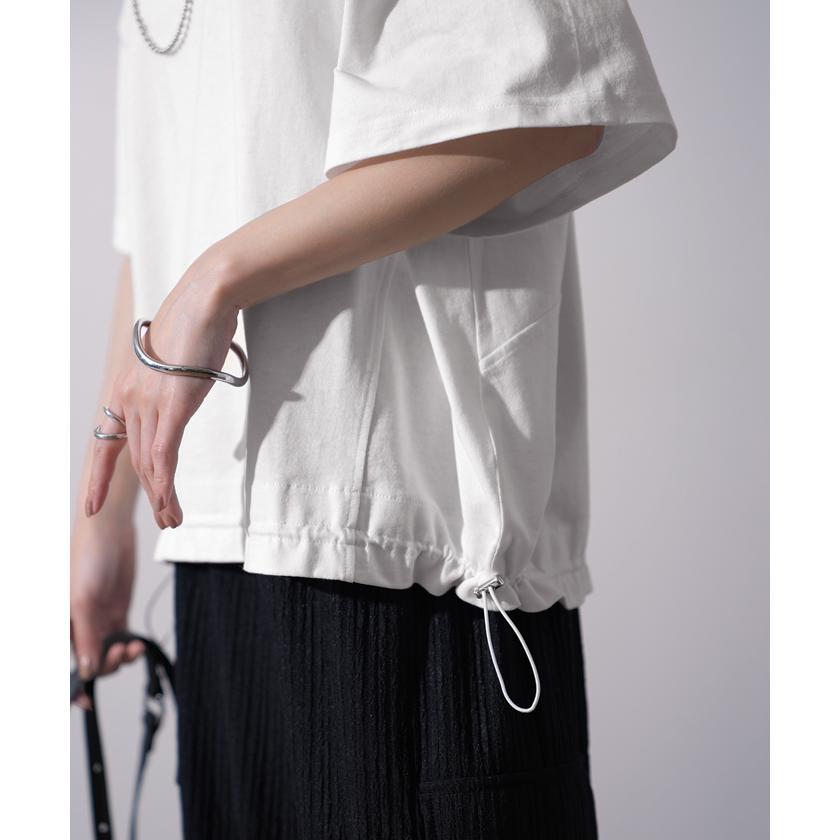Tシャツ レディース トップス 綿 コットン 裾絞り 体型カバー 半袖 オーバーサイズ チュニック ドロスト 二の腕カバー 無地 Uネック | HUG.U | 21