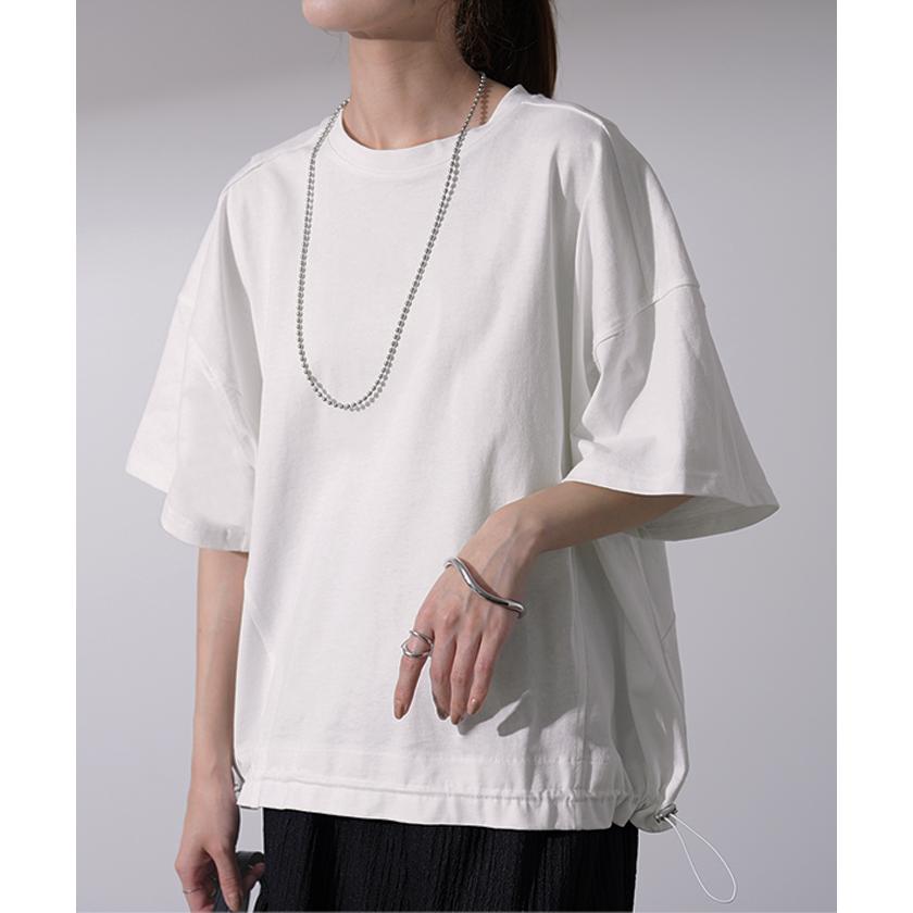 Tシャツ レディース トップス 綿 コットン 裾絞り 体型カバー 半袖 オーバーサイズ チュニック ドロスト 二の腕カバー 無地 Uネック | HUG.U | 23