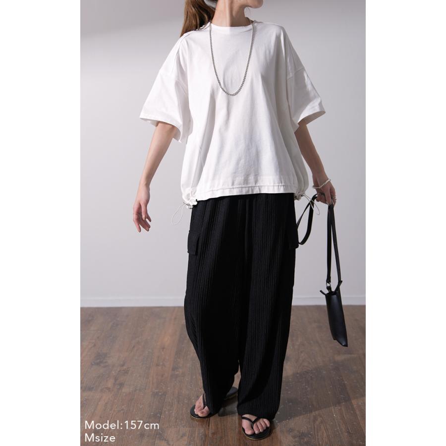 Tシャツ レディース トップス 綿 コットン 裾絞り 体型カバー 半袖 オーバーサイズ チュニック ドロスト 二の腕カバー 無地 Uネック | HUG.U | 06