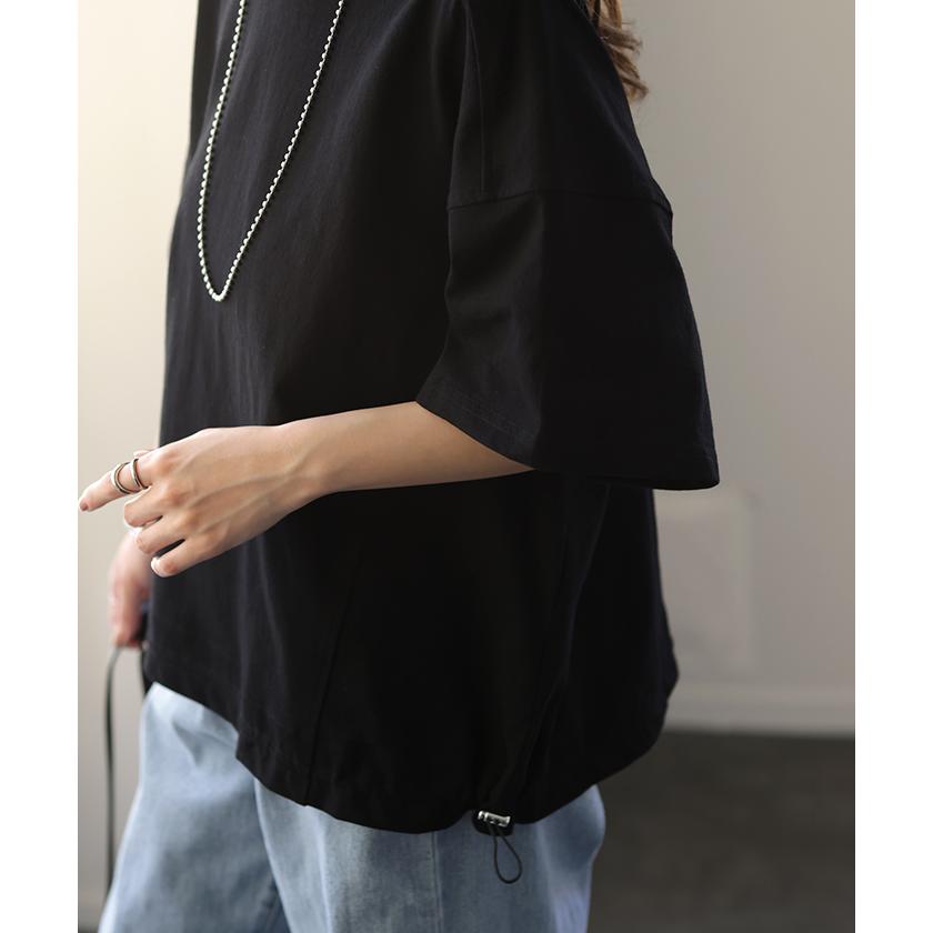 Tシャツ レディース トップス 綿 コットン 裾絞り 体型カバー 半袖 オーバーサイズ チュニック ドロスト 二の腕カバー 無地 Uネック | HUG.U | 07