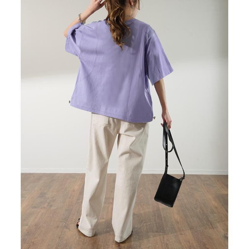 Tシャツ レディース トップス 綿 コットン 裾絞り 体型カバー 半袖 オーバーサイズ チュニック ドロスト 二の腕カバー 無地 Uネック | HUG.U | 12