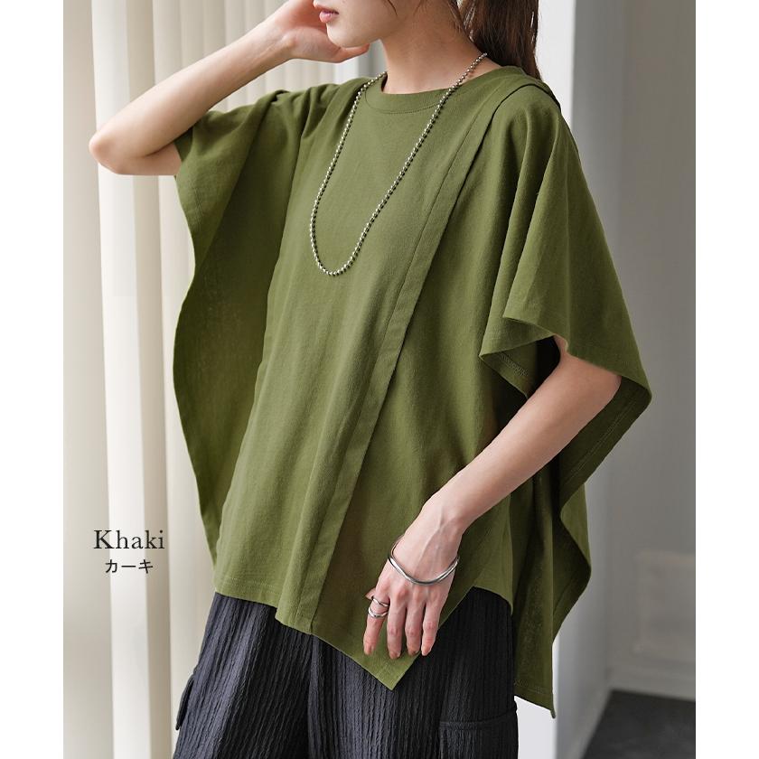 Tシャツ レディース トップス 綿 体型カバー ゆったり 半袖 チュニック オーバーサイズ 無地 Uネック 二の腕カバー | HUG.U | 18