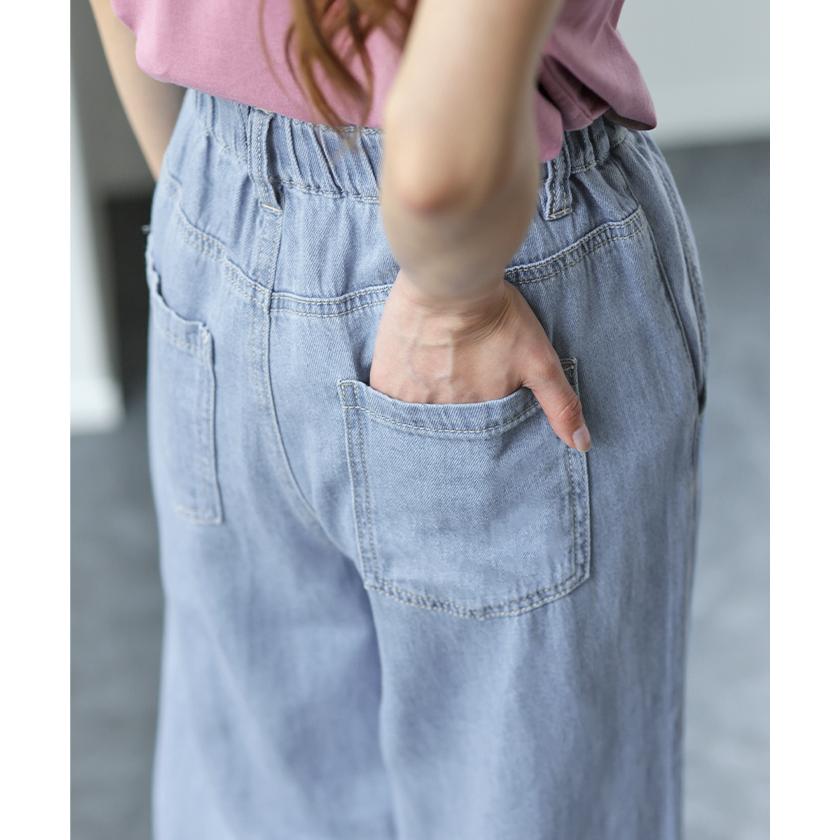 デニム レディース パンツ ワイドパンツ デニムパンツ 綿 麻 ジーンズ ボトムス ストレート ゴム ワイド リネン ナチュラル 春 夏 | HUG.U | 20