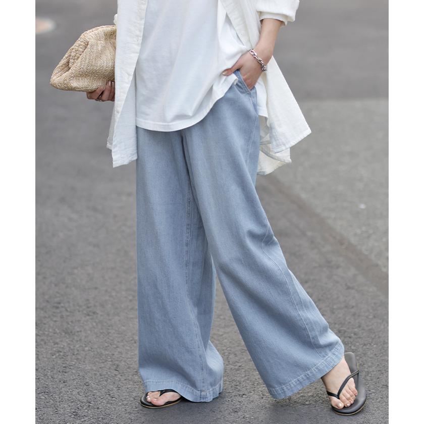 デニム レディース パンツ ワイドパンツ デニムパンツ 綿 麻 ジーンズ ボトムス ストレート ゴム ワイド リネン ナチュラル 春 夏 | HUG.U | 08