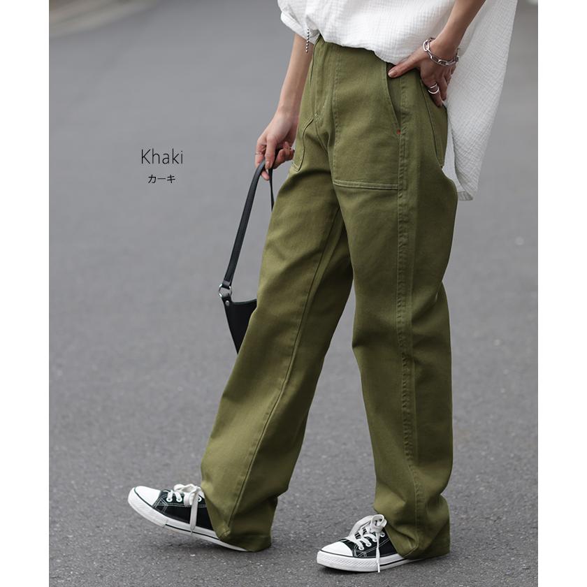 パンツ レディース ワイドパンツ ストレッチ ベイカーパンツ チノパン ゴム ロング ストレート ボトムス ハイウエスト | HUG.U | 14