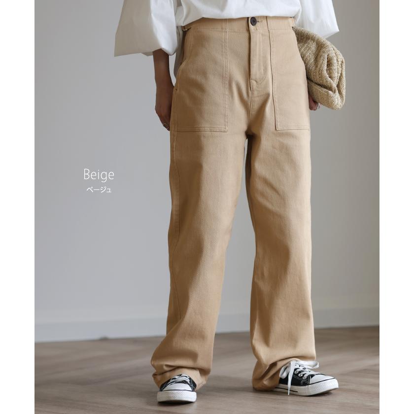 パンツ レディース ワイドパンツ ストレッチ ベイカーパンツ チノパン ゴム ロング ストレート ボトムス ハイウエスト | HUG.U | 16