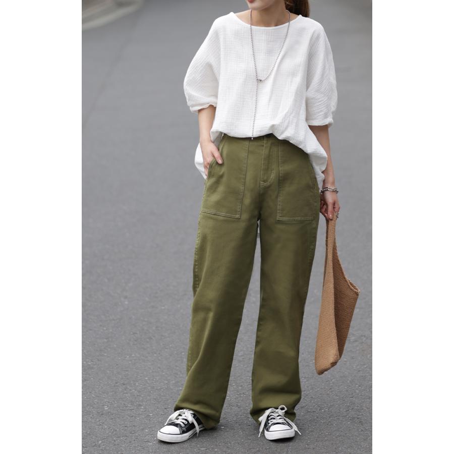 パンツ レディース ワイドパンツ ストレッチ ベイカーパンツ チノパン ゴム ロング ストレート ボトムス ハイウエスト | HUG.U | 19