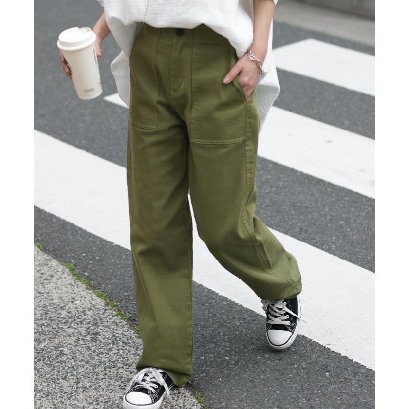 パンツ レディース ワイドパンツ ストレッチ ベイカーパンツ チノパン ゴム ロング ストレート ボトムス ハイウエスト | HUG.U | 08