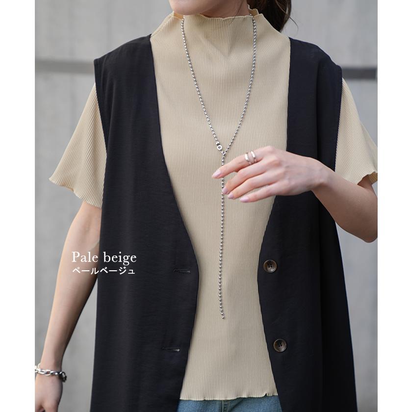 トップス レディース Tシャツ 半袖 プリーツ メロウ ハイネック ブラウス きれいめ 5分袖 二の腕カバー メロー | HUG.U | 16