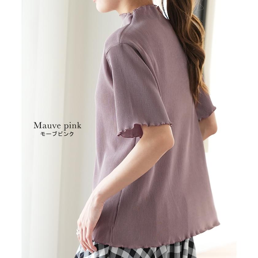 トップス レディース Tシャツ 半袖 プリーツ メロウ ハイネック ブラウス きれいめ 5分袖 二の腕カバー メロー | HUG.U | 17