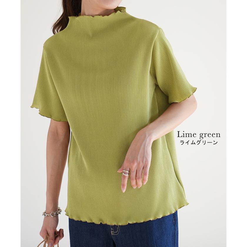 トップス レディース Tシャツ 半袖 プリーツ メロウ ハイネック ブラウス きれいめ 5分袖 二の腕カバー メロー | HUG.U | 21