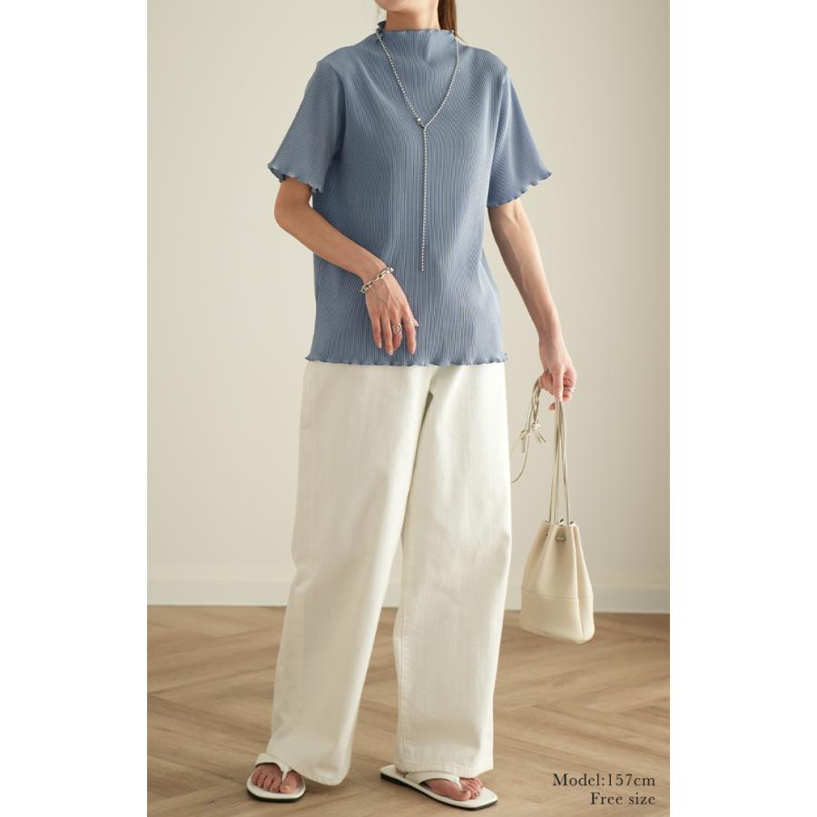 トップス レディース Tシャツ 半袖 プリーツ メロウ ハイネック ブラウス きれいめ 5分袖 二の腕カバー メロー | HUG.U | 07