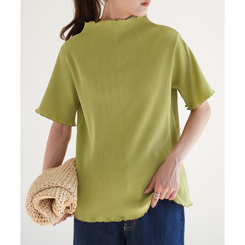 トップス レディース Tシャツ 半袖 プリーツ メロウ ハイネック ブラウス きれいめ 5分袖 二の腕カバー メロー | HUG.U | 09