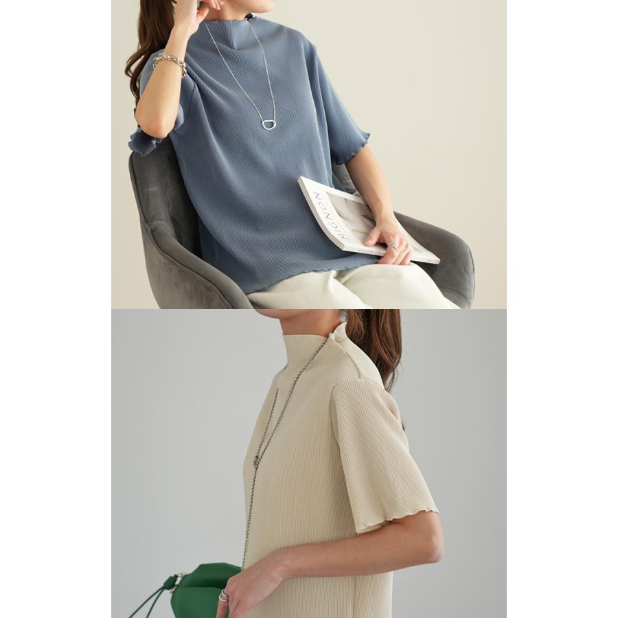 トップス レディース Tシャツ 半袖 プリーツ メロウ ハイネック ブラウス きれいめ 5分袖 二の腕カバー メロー | HUG.U | 10