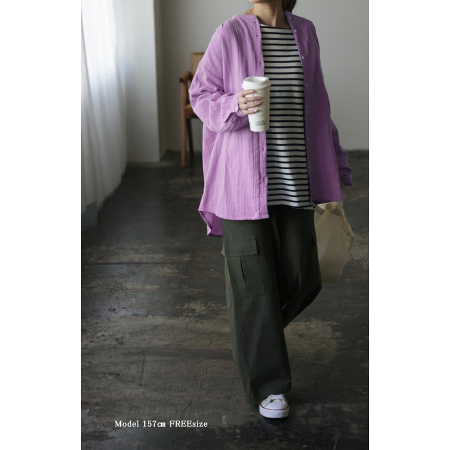 シャツ レディース トップス コットン 綿 100% バンドカラー ナチュラル 長袖 ブラウス チュニック | HUG.U | 18