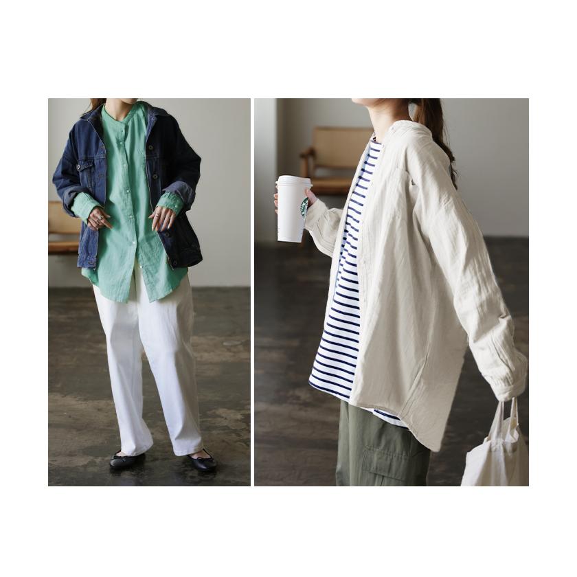 シャツ レディース トップス コットン 綿 100% バンドカラー ナチュラル 長袖 ブラウス チュニック | HUG.U | 21