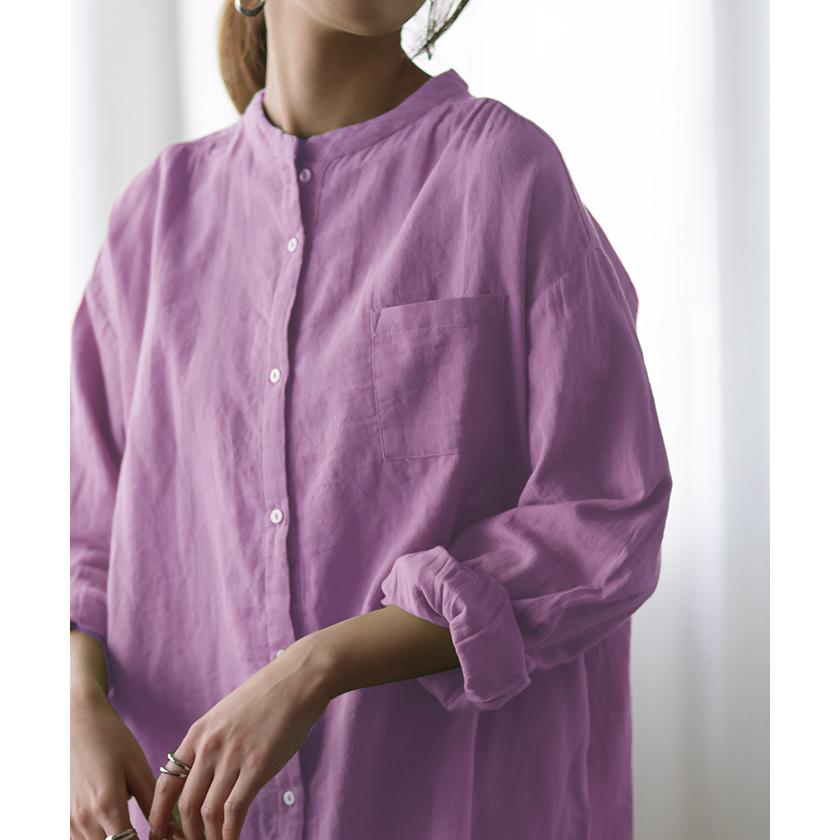 シャツ レディース トップス コットン 綿 100% バンドカラー ナチュラル 長袖 ブラウス チュニック | HUG.U | 07