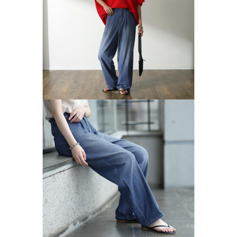 デニム レディース パンツ 接触冷感 デニムパンツ ジーンズ ひんやり 速乾 涼しい ワイドパンツ 薄手 ゴム ハイウエスト 体型カバー ボトムス 春 夏 | HUG.U | 20