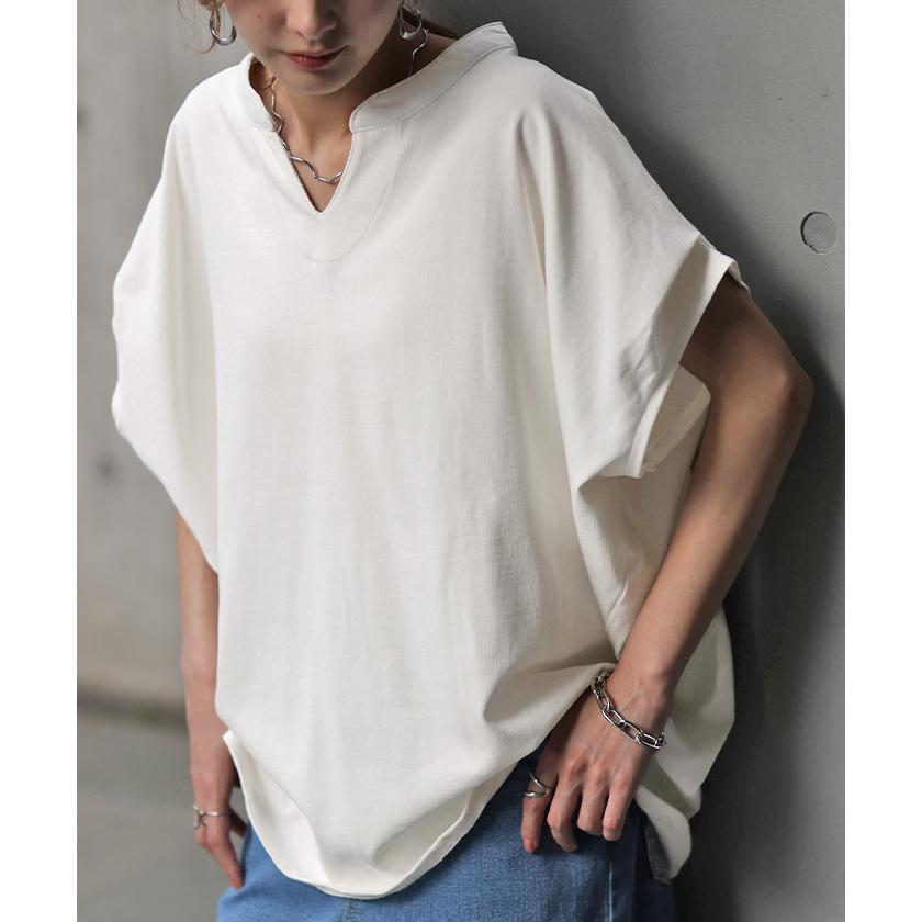 Tシャツ レディース トップス 半袖 キーネック 綿 カットソー ゆったり きれいめ Vネック コクーン お尻が隠れる | HUG.U | 20