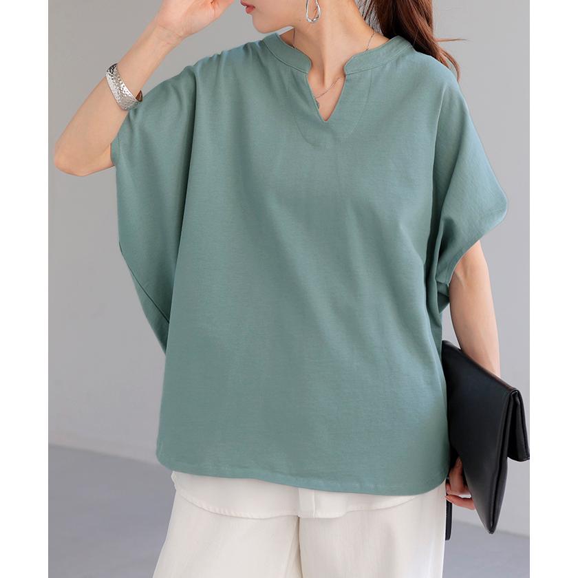 Tシャツ レディース トップス 半袖 キーネック 綿 カットソー ゆったり きれいめ Vネック コクーン お尻が隠れる | HUG.U | 07