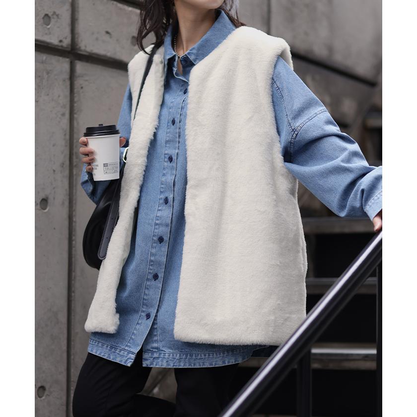 ベスト ジレ ファー レディース トップス ファーベスト ファージレ 前開き レイヤード ノーカラ― お洒落 | HUG.U | 07