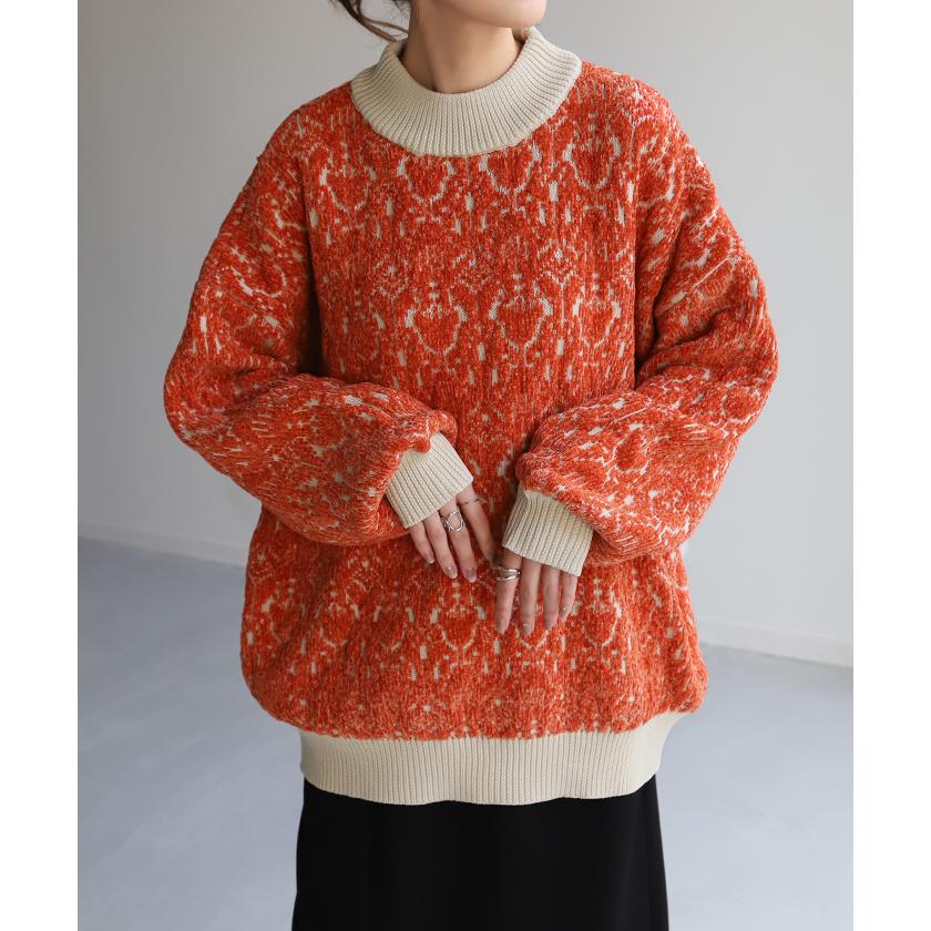 ニット ダマスク柄 セーター トップス 長袖 ライトニット ミックス チュニック モールニット オーバーサイズ | HUG.U | 17