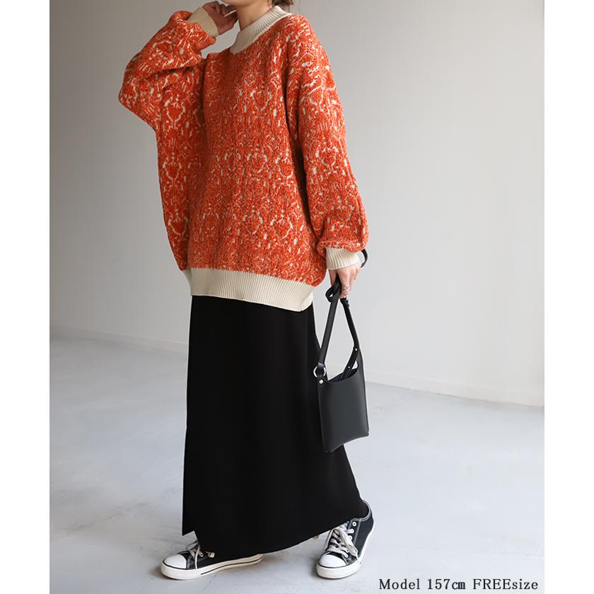 ニット ダマスク柄 セーター トップス 長袖 ライトニット ミックス チュニック モールニット オーバーサイズ | HUG.U | 21