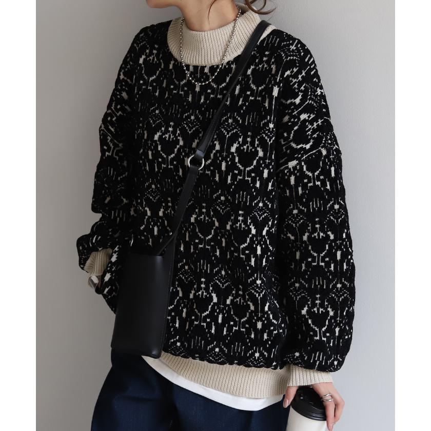 ニット ダマスク柄 セーター トップス 長袖 ライトニット ミックス チュニック モールニット オーバーサイズ | HUG.U | 09