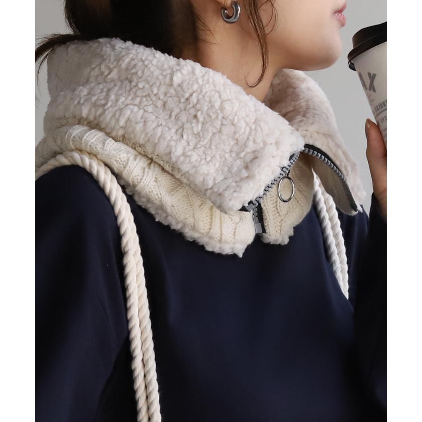 ネックウォーマー 裏起毛 ケーブルニット マフラー 厚手 レディース スヌード ボア 無地 ニット ストール 裏ボア | HUG.U | 08