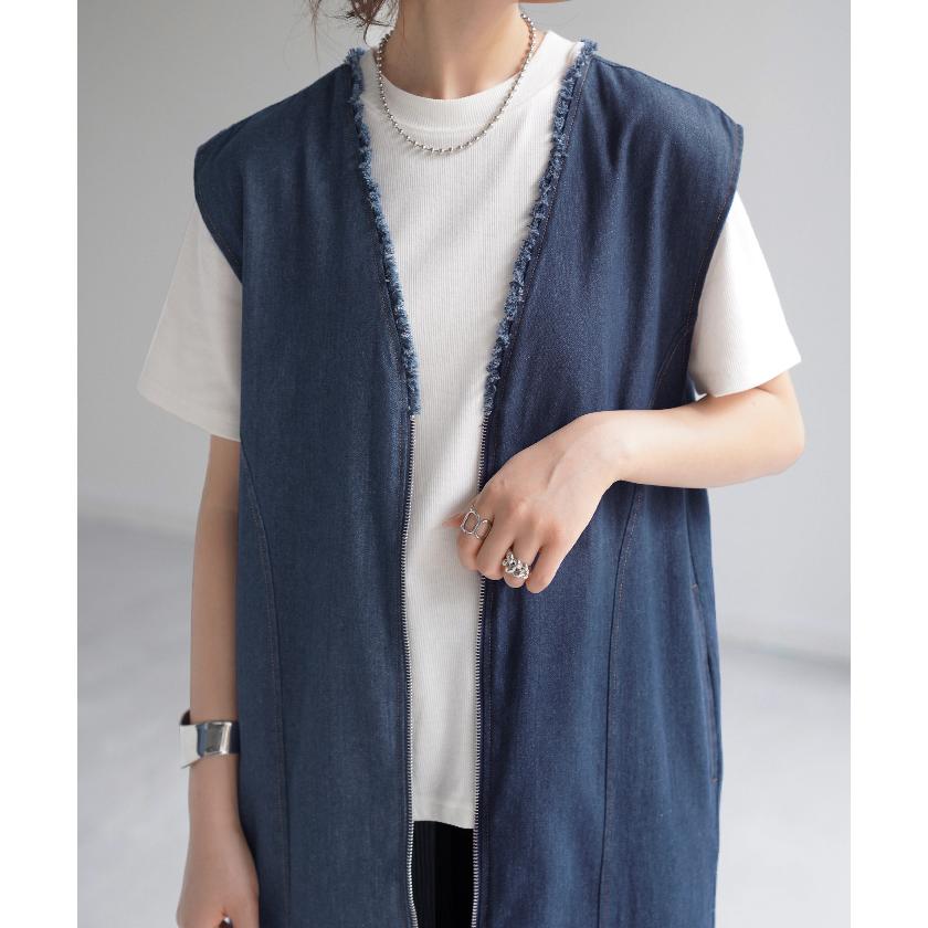 ベスト ジレ デニム ロングベスト トップス ロングジレ 前開き レイヤード デニムベスト デニムジレ スリット | HUG.U | 06