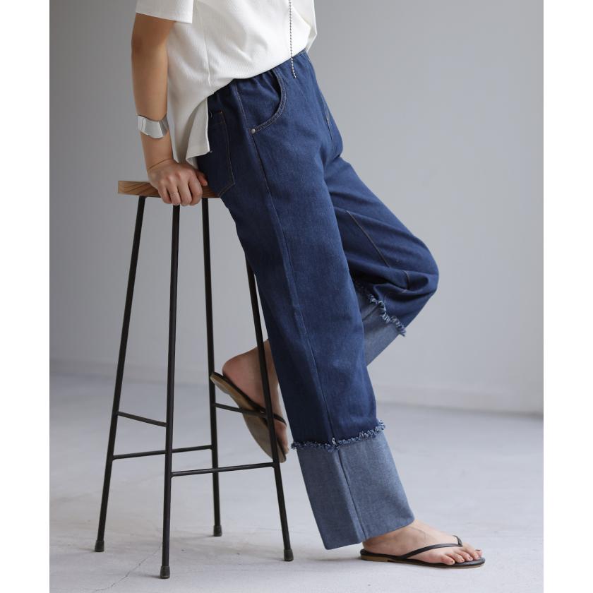 デニム ロールアップ ストレート パンツ レディース デニムパンツ ワイドパンツ ワイド ジーンズ ジーパン | HUG.U | 19