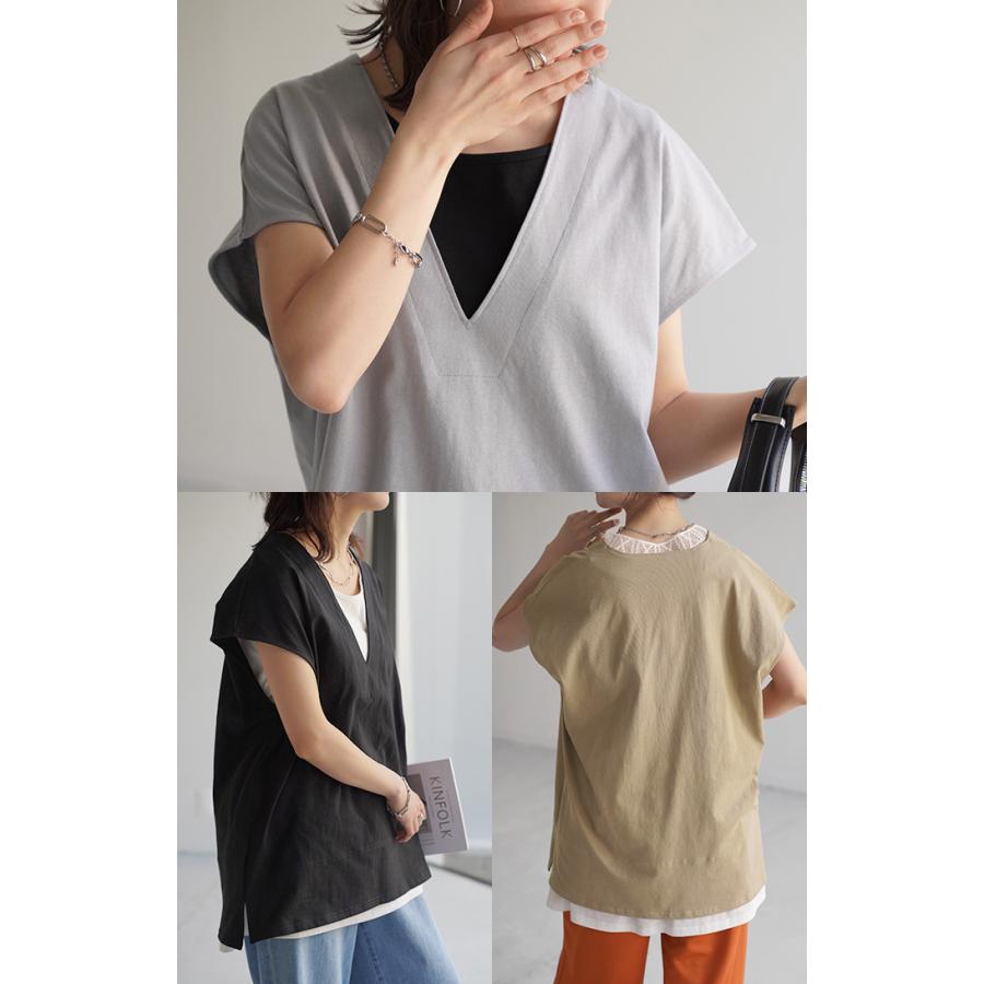 Tシャツ カットソー レディース 深Vネック 厚手 ベスト トップス 二の腕カバー きれいめ レイヤード | HUG.U | 18