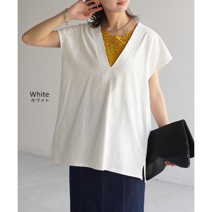 Tシャツ カットソー レディース 深Vネック 厚手 ベスト トップス 二の腕カバー きれいめ レイヤード | HUG.U | 20
