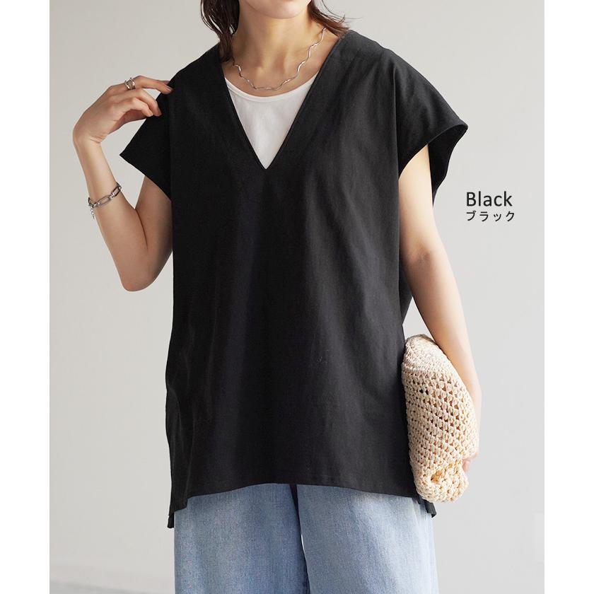 Tシャツ カットソー レディース 深Vネック 厚手 ベスト トップス 二の腕カバー きれいめ レイヤード | HUG.U | 21