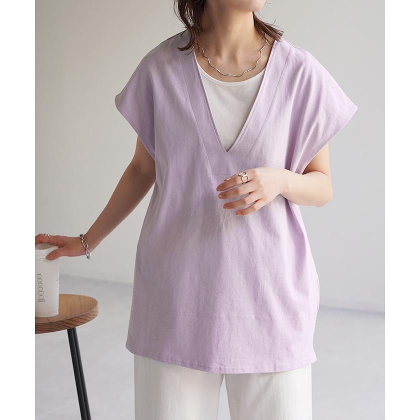 Tシャツ カットソー レディース 深Vネック 厚手 ベスト トップス 二の腕カバー きれいめ レイヤード | HUG.U | 09
