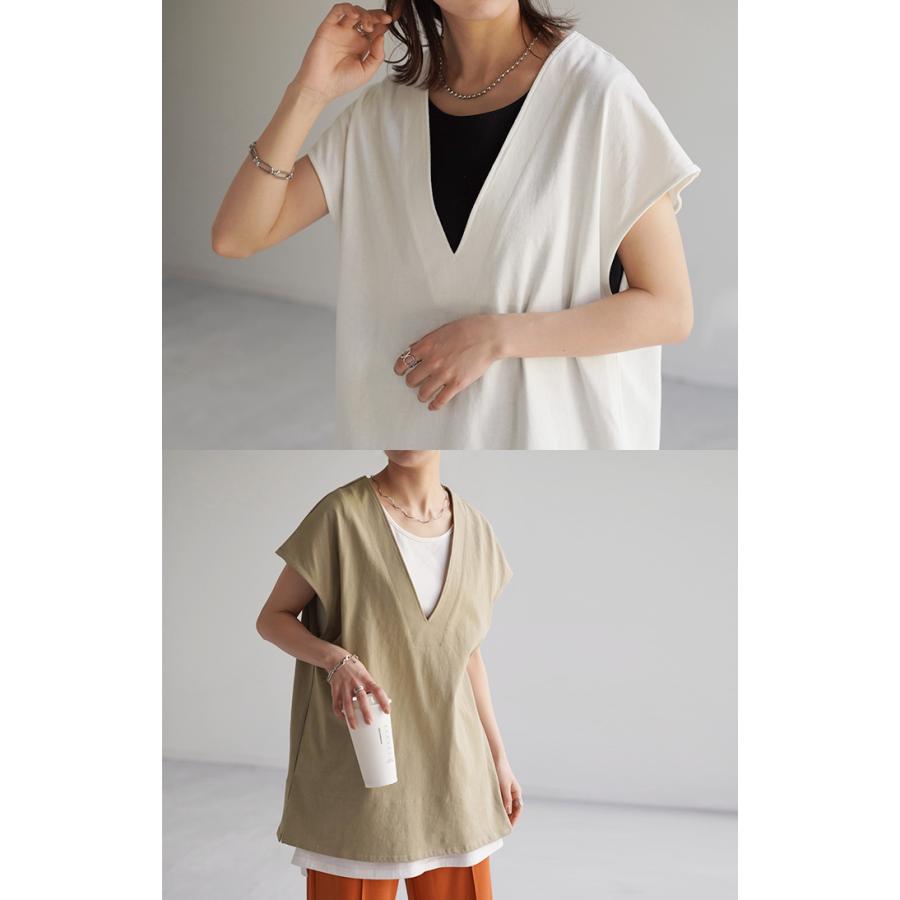 Tシャツ カットソー レディース 深Vネック 厚手 ベスト トップス 二の腕カバー きれいめ レイヤード | HUG.U | 12