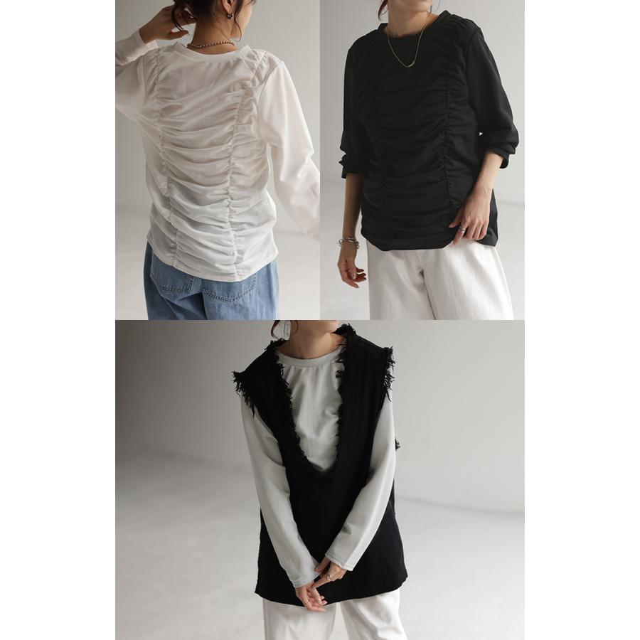 トップス シアーインナー レイヤード レディース シャーリング ギャザー 肌隠し カットソー ロンT ティーシャツ 無地 | HUG.U | 16