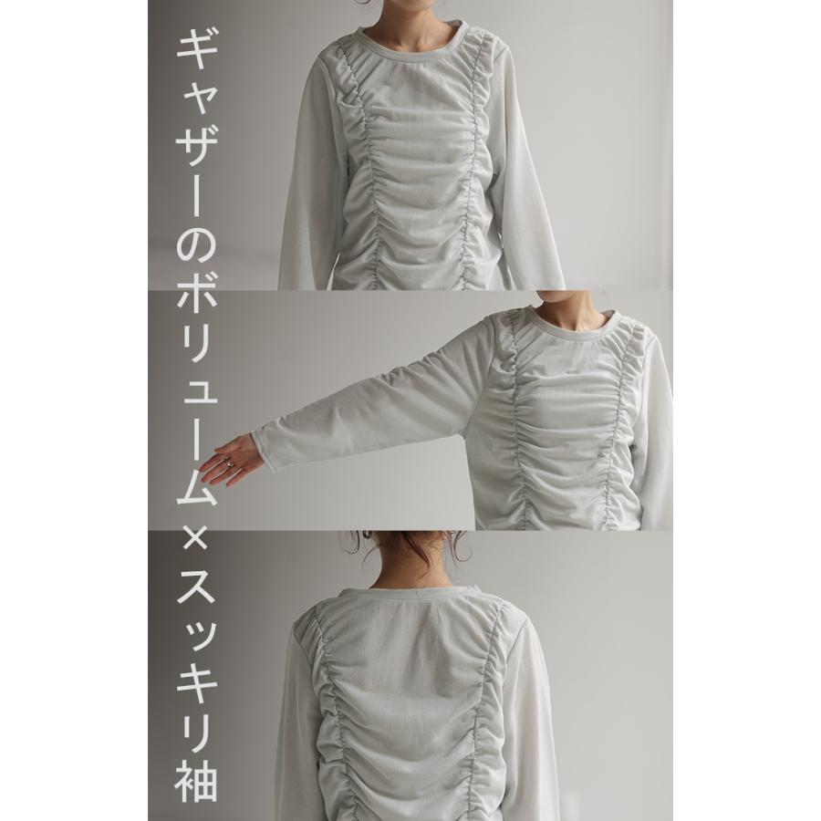 トップス シアーインナー レイヤード レディース シャーリング ギャザー 肌隠し カットソー ロンT ティーシャツ 無地 | HUG.U | 20