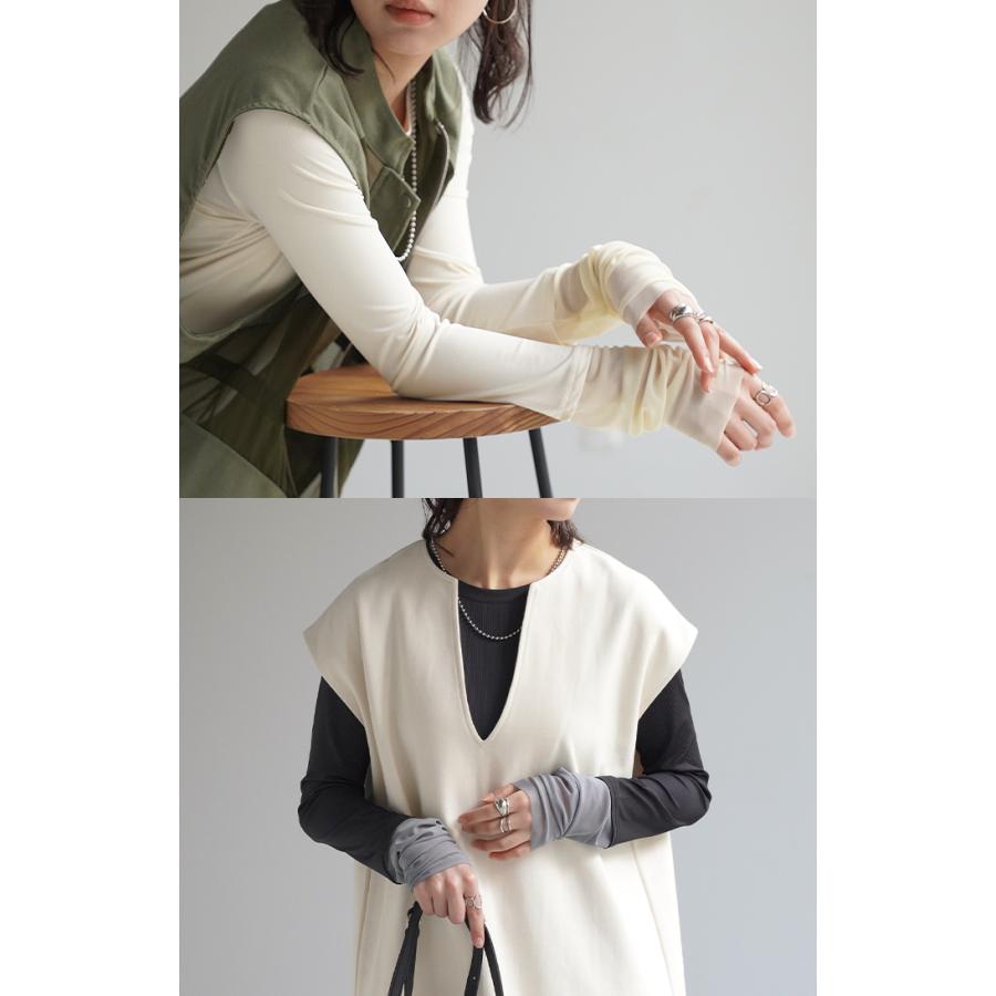 トップス 袖 シアー カットソー レディース Tシャツ ロンT レイヤード インナー 長袖 無地 透け 重ね着 薄手 | HUG.U | 06