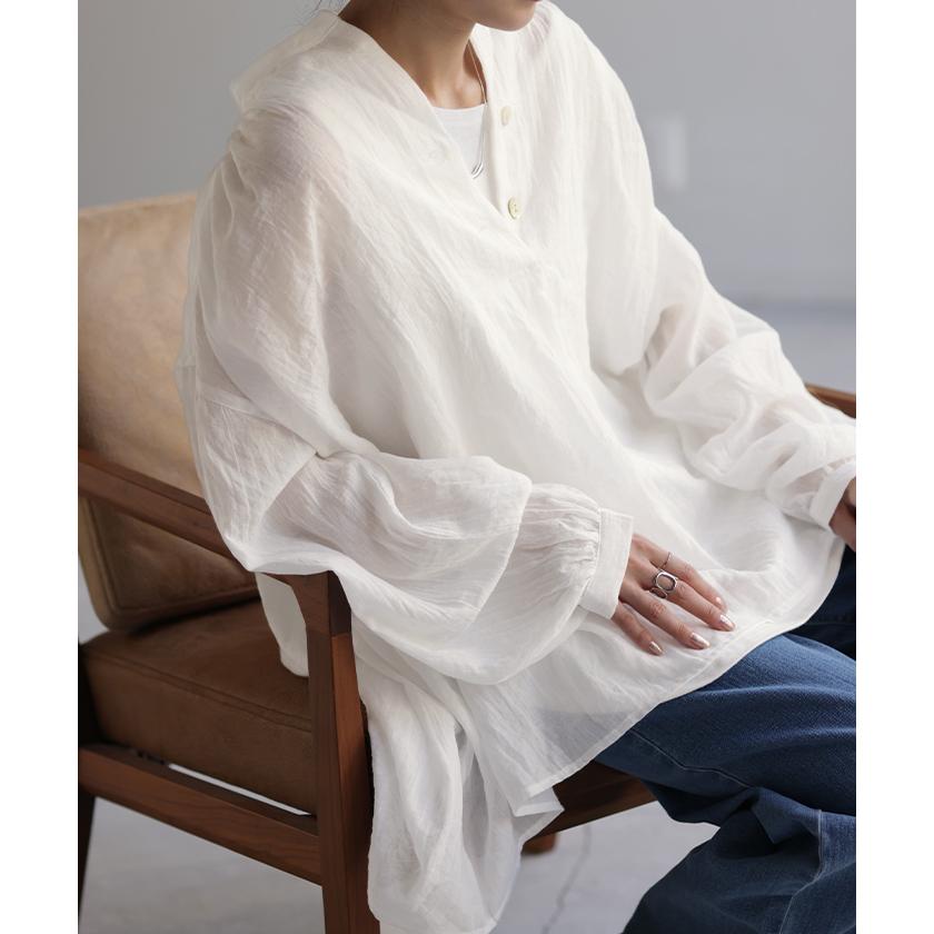 シャツ ナチュラル スキッパー チュニック バンドカラー トップス レディース ギャザー ロングシャツ 長袖 | HUG.U | 15