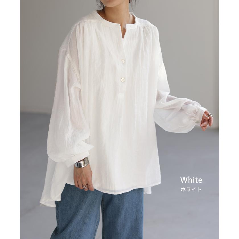 シャツ ナチュラル スキッパー チュニック バンドカラー トップス レディース ギャザー ロングシャツ 長袖 | HUG.U | 19