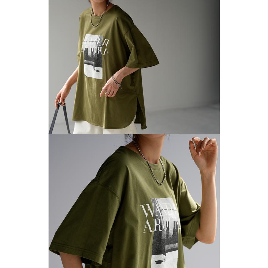 Tシャツ ロゴ プリント トップス レディース ロング スリット 半袖 着回し チュニック 薄手 ゆったり 着痩せ | HUG.U | 12