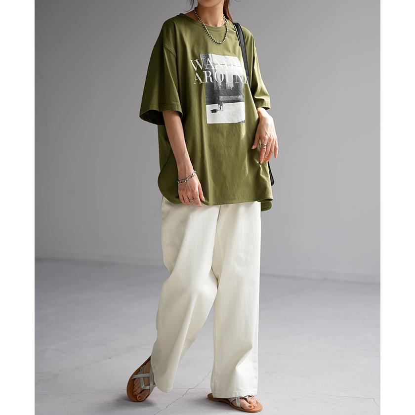 Tシャツ ロゴ プリント トップス レディース ロング スリット 半袖 着回し チュニック 薄手 ゆったり 着痩せ | HUG.U | 13