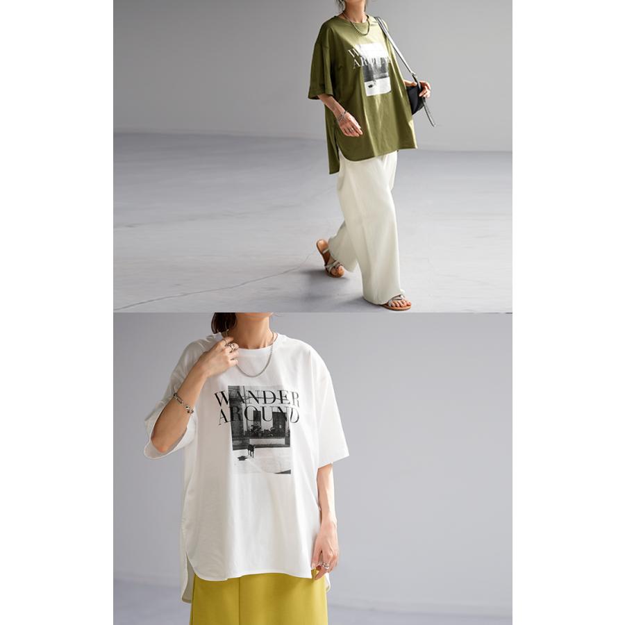 Tシャツ ロゴ プリント トップス レディース ロング スリット 半袖 着回し チュニック 薄手 ゆったり 着痩せ | HUG.U | 14