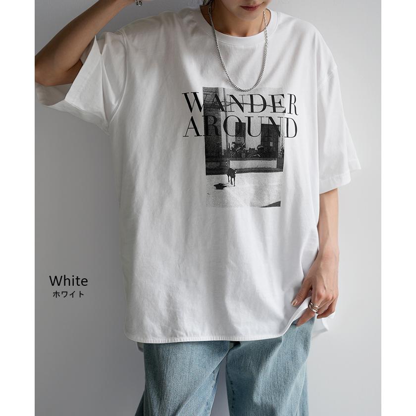 Tシャツ ロゴ プリント トップス レディース ロング スリット 半袖 着回し チュニック 薄手 ゆったり 着痩せ | HUG.U | 15