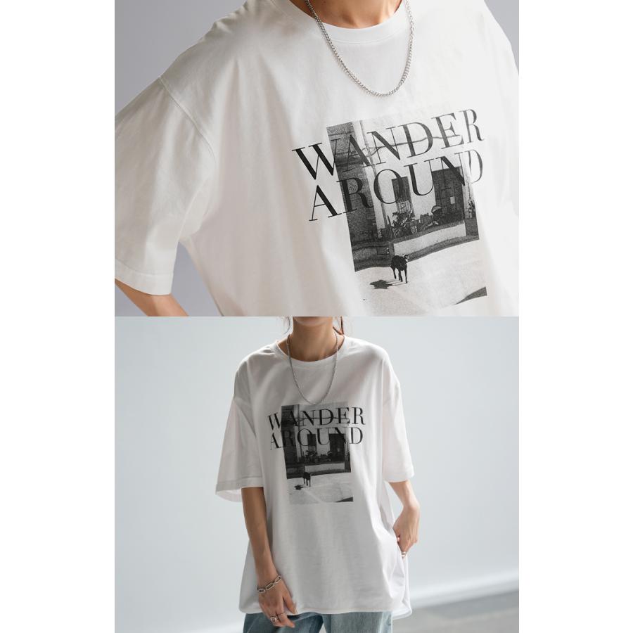 Tシャツ ロゴ プリント トップス レディース ロング スリット 半袖 着回し チュニック 薄手 ゆったり 着痩せ | HUG.U | 16