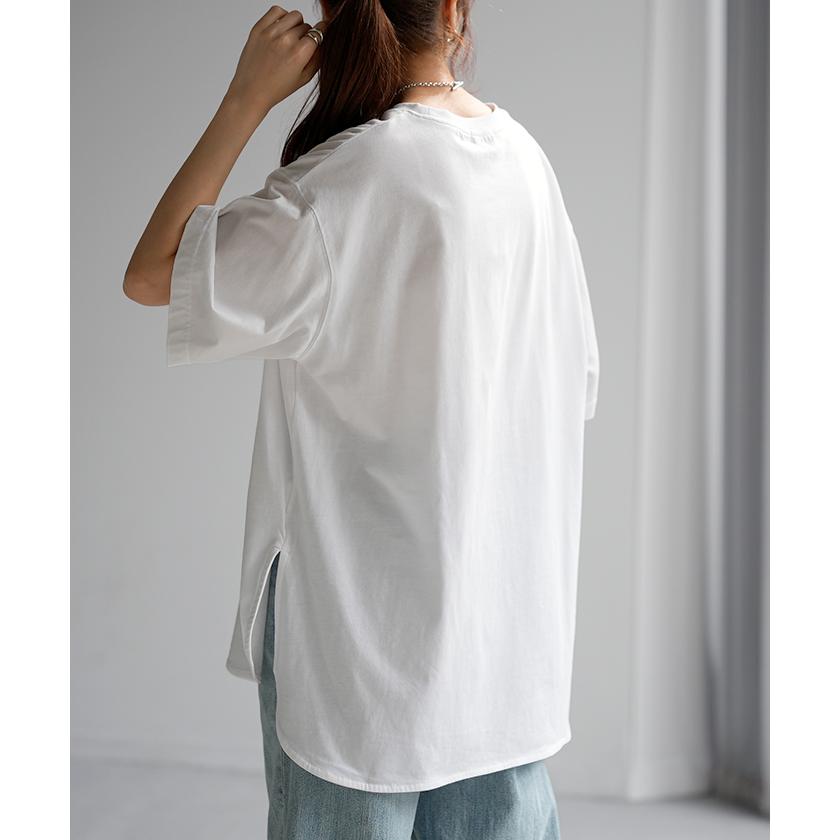 Tシャツ ロゴ プリント トップス レディース ロング スリット 半袖 着回し チュニック 薄手 ゆったり 着痩せ | HUG.U | 17