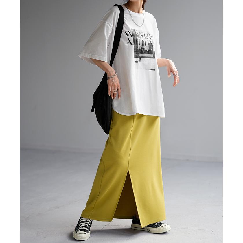 Tシャツ ロゴ プリント トップス レディース ロング スリット 半袖 着回し チュニック 薄手 ゆったり 着痩せ | HUG.U | 18