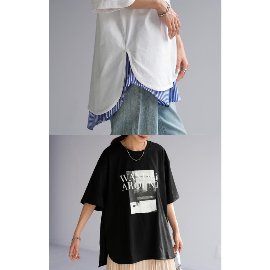 Tシャツ ロゴ プリント トップス レディース ロング スリット 半袖 着回し チュニック 薄手 ゆったり 着痩せ | HUG.U | 19