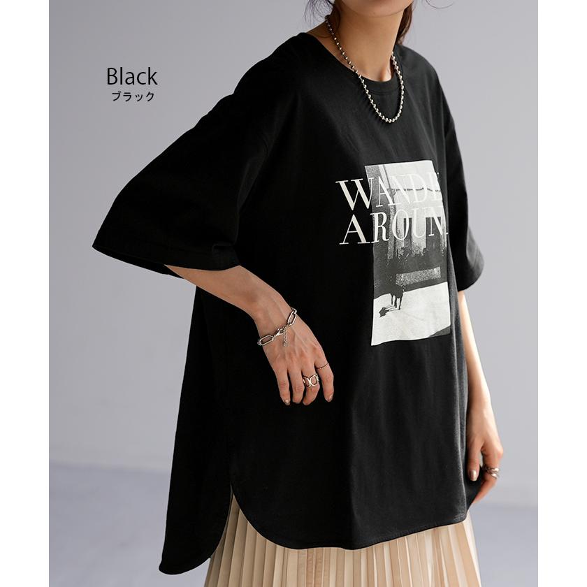 Tシャツ ロゴ プリント トップス レディース ロング スリット 半袖 着回し チュニック 薄手 ゆったり 着痩せ | HUG.U | 20